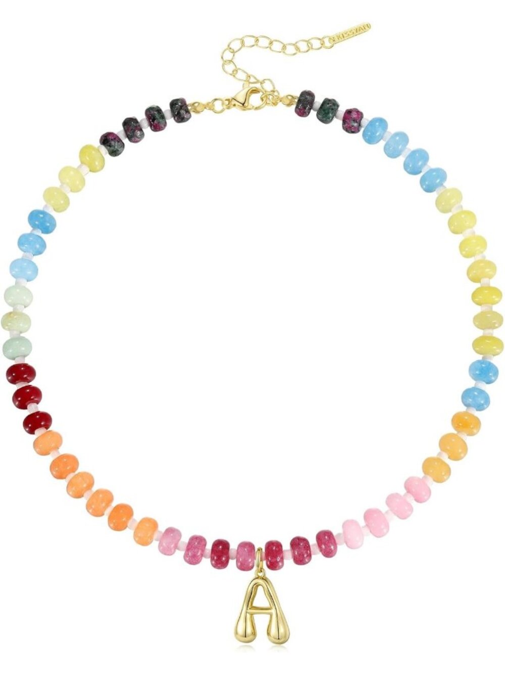 Colorful Beaded Gemstone Choker Necklace with 14K Gold Initial Pendant
